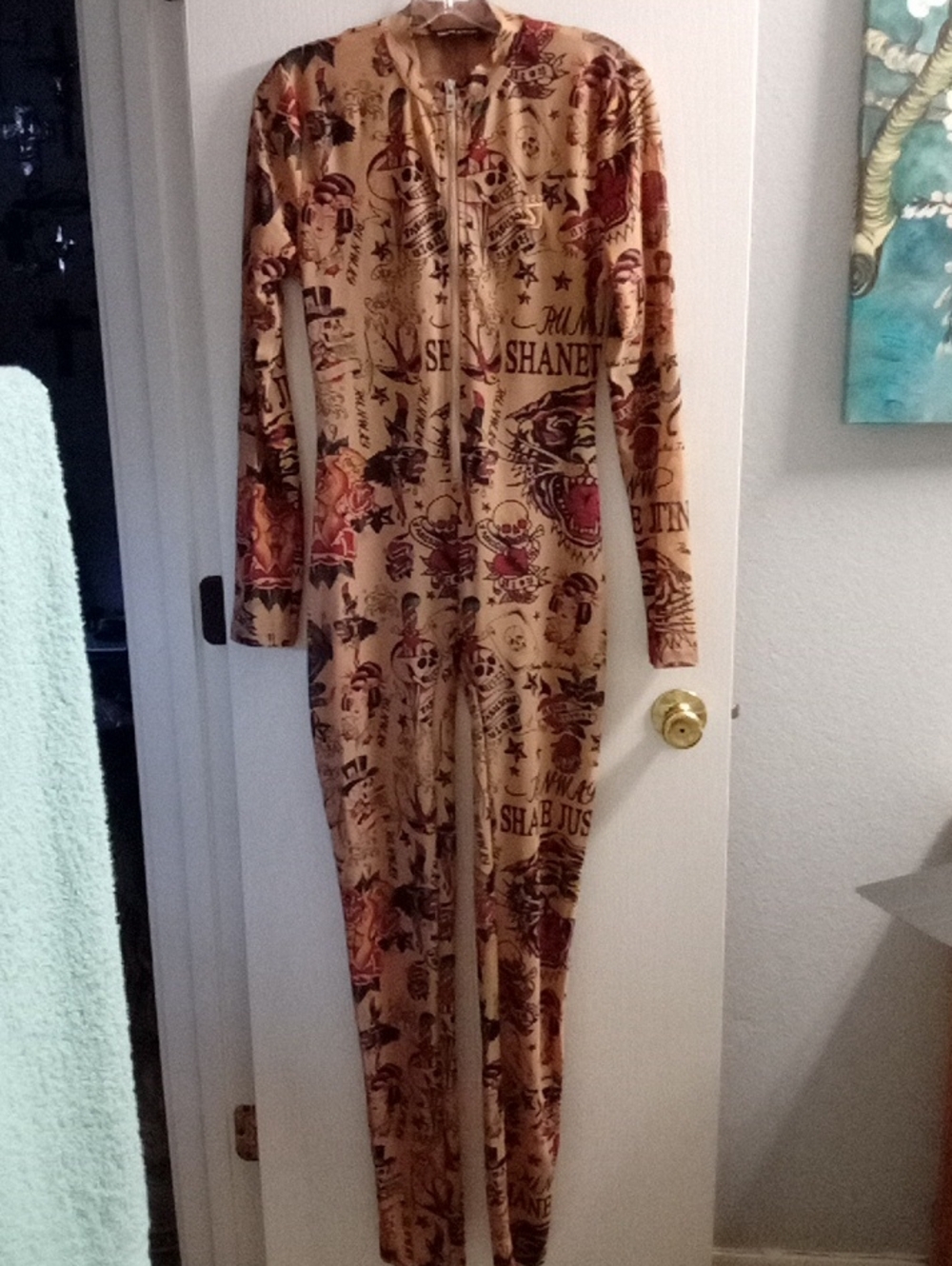 Beige Graphic Zip-Front Jumpsuit